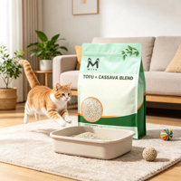 Litière pour chat en tofu et manioc, fabrication directe usine, agglomération rapide, faible poussière, contrôle des odeurs, à base végétale, biodégradable, vente en gros, OEM, en vrac