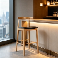 Taburete de Bar Bullhorn de Madera de Caucho, Estilo Escandinavo Moderno de Mediados de Siglo, Asiento Tapizado Negro, Fabricante Mayorista con Reposapiés