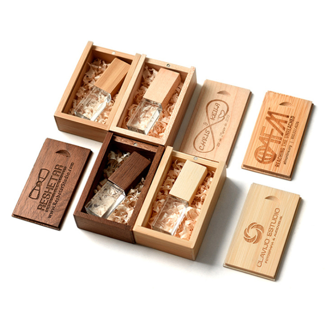 Corporate Gifts Customized LED Glass Pen Drive 2.0 8GB 16GB 32GB 64GB Cle USB Pendrive Wedding Box Flash Memory USB Flash Drive