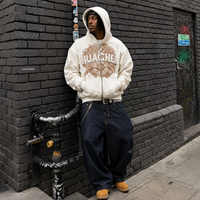 Sweat à capuche zippé vintage personnalisé en molleton délavé, doublure satinée, impression en relief, broderie chenille, coupe oversize, style streetwear