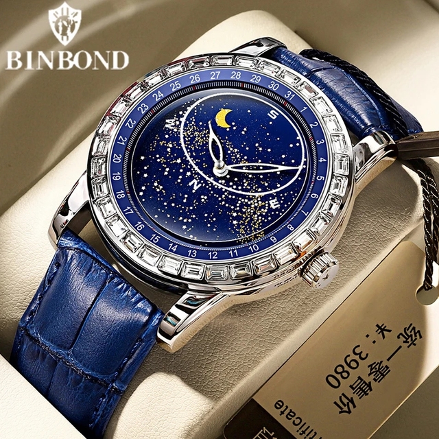 Binbond 8899 Watch Men's Fashion Moon Star Waterproof Luminous Blue Rotating Men's Starry Sky Dial Diamond Quartz Watches
