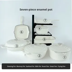 <strong>Enamel</strong> Cast Iron Seven-piece Pot Set Uncoated Non-stick Multi-function Stew Pot <strong>Frying</strong> <strong>Pan</strong> Modern Design Universal Stove - Product Image 6