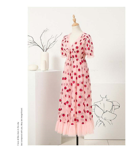 2025 estate elegante abito Midi da sera personalizzato con maniche a sbuffo Tulle <span class=keywords><strong>fragola</strong></span> dorato per festa - Product Image 6