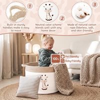 Grand panier de rangement tressé Ours et Girafe, écologique, pliable, en corde 100% coton, 20x14 pouces, Marron Blanc, pour chambre d'enfant/laverie