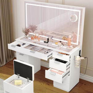 Factory Direct Transparent Glass Top Makeup <b>Dressing</b> <b>Table</b> <b>with</b> 11 Drawers Charging Station and <b>Storage</b> Stool - Product Image 4