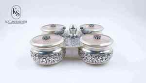 Ensemble de récipients pour pooja en argent pur 925, artisanat traditionnel indien, boîte en argent pour kumkum, haldi, chawal, pour les rituels du temple - Product Image 2