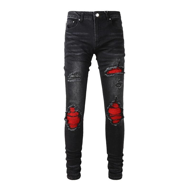 Mens Jeans With Ripped Patched Skinny Jeans BLACK STONE Men's