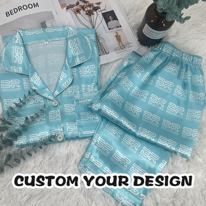 Ensembles de pyjamas pour femmes en soie à impression numérique complète personnalisée Ensembles de pyjamas de nuit en soie satinée à manches courtes unisexe - Product Image 6