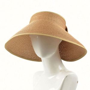 Foldable <b>Straw</b> <b>Visor</b> Hat Summer Hollow Top Solid Color Large Brim Outdoor Sports Image Style - Product Image 2