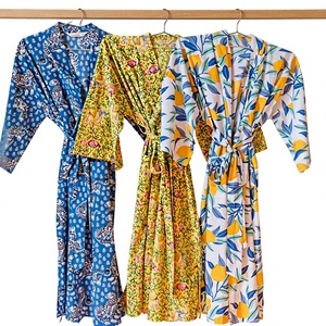 Women's Boho Floral Printed Cotton Kimono <b>Robe</b> Midi Length V-neck Batwing Sleeve Eco-Friendly Belt Pockets Natural Daily ODM - Product Image 2