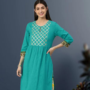 Ensemble Kurta et Palazzo en Coton Slub Cambric Décontracté pour Femme, Longueur Cheville, Motif Floral Teal Imprimé, Respirant, Écologique, Séchage Rapide - Product Image 1