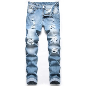 Liquidation en gros : Jeans pour hommes tendance, rétro, en coton respirant, coupe droite et slim, délavés à l'acide, effet usé et déchiré - Product Image 2