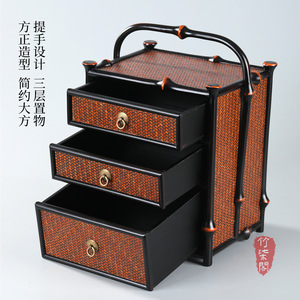 Bamboo <b>Tea</b> Cabinet Lacquered Three Tier Portable Storage <b>Box</b> Chinese Style Desktop Organizer - Product Image 3