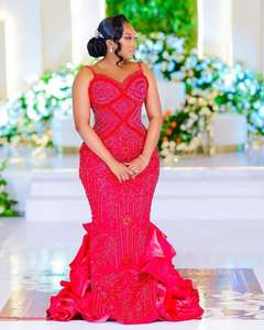 Precioso <span class=keywords><strong>vestido</strong></span> de fiesta <span class=keywords><strong>rojo</strong></span> apliques rebordear vestidos de noche trompeta Aso Ebi plisado sirena vestidos formales con cuentas sin mangas - Product Image 1