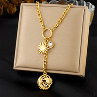 Collier ras du cou tendance en acier inoxydable multi-breloques pour femme avec pendentifs ronds, fleur, soleil, lune, goutte d'eau, cœur en zircon cubique