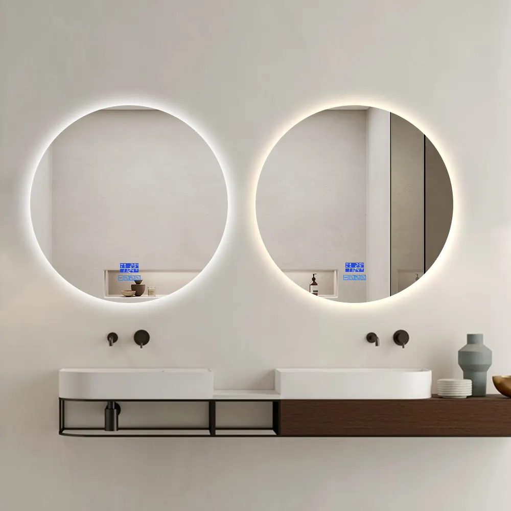 Dimmable Bathroom makeup vanity wall round lighted bathroom led mirror with clock