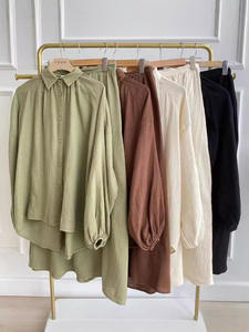 hot sale Fashion <b>summer</b> women's wrinkled puff sleeve long-sleeved Muslim dress skirt suit - Product Image 3