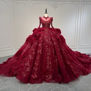 Vestidos de Quinceañera XS260 Vintage Borgoña de Manga Larga con Patrón de Encaje, Cuentas, Cristales y Apliques Bordados para Fiesta - Product Image 2