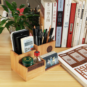 Bilu Woodcraft Bamboo Desk Organizer Pen Holder <b>Calendar</b> Storage Box Square Multi Functional Office Stationery Creative Gift - Product Image 1