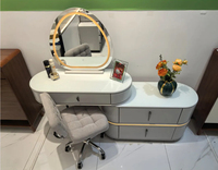 Coiffeuse moderne extensible avec miroir incurvé, éclairage LED, miroir amovible, tiroirs ovales, en MDF durable