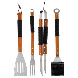 Aksesori BBQ tugas berat Set alat baja tahan karat dengan pegangan kayu 4 Aksesori panggangan pc dengan sekop garpu pengikis & penjepit BBQ - Product Image 1