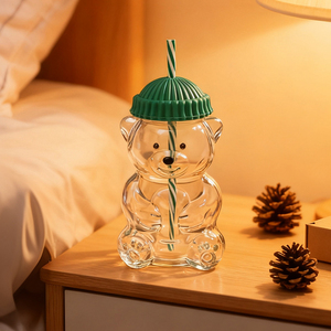 Taza de Café con Diseño de Osito de Peluche, Venta Directa de Fábrica, Tapa Verde, Apta para Lavavajillas y Microondas, Taza de Vidrio para Niños - Product Image 1