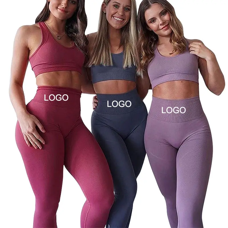 Conjunto de Yoga para mujer, chándal personalizado, ropa de gimnasio sin costuras, sujetador y mallas de 2 piezas, conjunto de entrenamiento liso para mujer