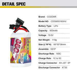 CODDAR 5S 850MAH 19V HV 160C XT30 플러그 FPV 자유형 드론 헬리콥터 RC 레이싱 RC 쿼드 항공기 LiPo 배터리 팩 - Product Image 4