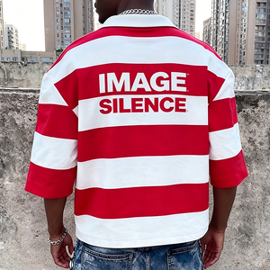 Polo T-shirt da Uomo Streetwear Rugby con Logo Personalizzato, 100% Cotone Pesante Lavorato <span class=keywords><strong>a</strong></span> Maglia, Vestibilità Ampia e Rilassata, Manica Corta <span class=keywords><strong>a</strong></span> <span class=keywords><strong>Righe</strong></span> - Product Image 2