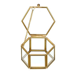 Hexagon Shape Golden Brass Glass Small Jewelry Gift Box Transparent Jewelry Box For Jewelry Packaging