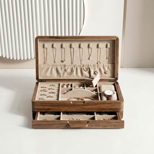 Wood Jewelry Storage Box with <b>Mirror</b> Drawer and Rails Carved Necklace Ring Earring Organizer <b>Tabletop</b> Display - Product Image 1