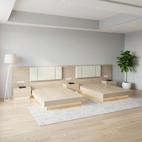 Ensemble de mobilier d'hôtel moderne en panneaux mélaminés imitation bois avec éclairage d'ambiance LED et base flottante, pour chambre double, projet personnalisé 3-5 étoiles