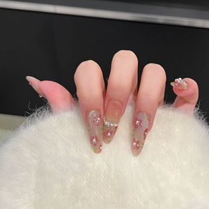 Uñas postizas artesanales de presión, largas, ovaladas, nude, francesas, efecto ojo de gato transparente, pintadas a mano, efecto espejo mágico, con pequeñas flores. - Product Image 4