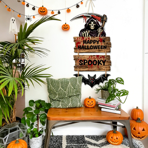 Pancarta temática de Halloween con diseño de guadaña del Grim Reaper y patrón de murciélagos, guirnalda decorativa para crear una atmósfera espeluznante en el hogar - Product Image 5