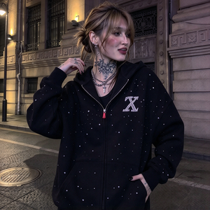 Felpa con Cappuccio e Zip Personalizzata da <span class=keywords><strong>Donna</strong></span>, Nera con Strass, Alta Qualità, Lavorazione a Maglia, Effetto Acid Wash, Invernale, Casual Streetwear - Product Image 1