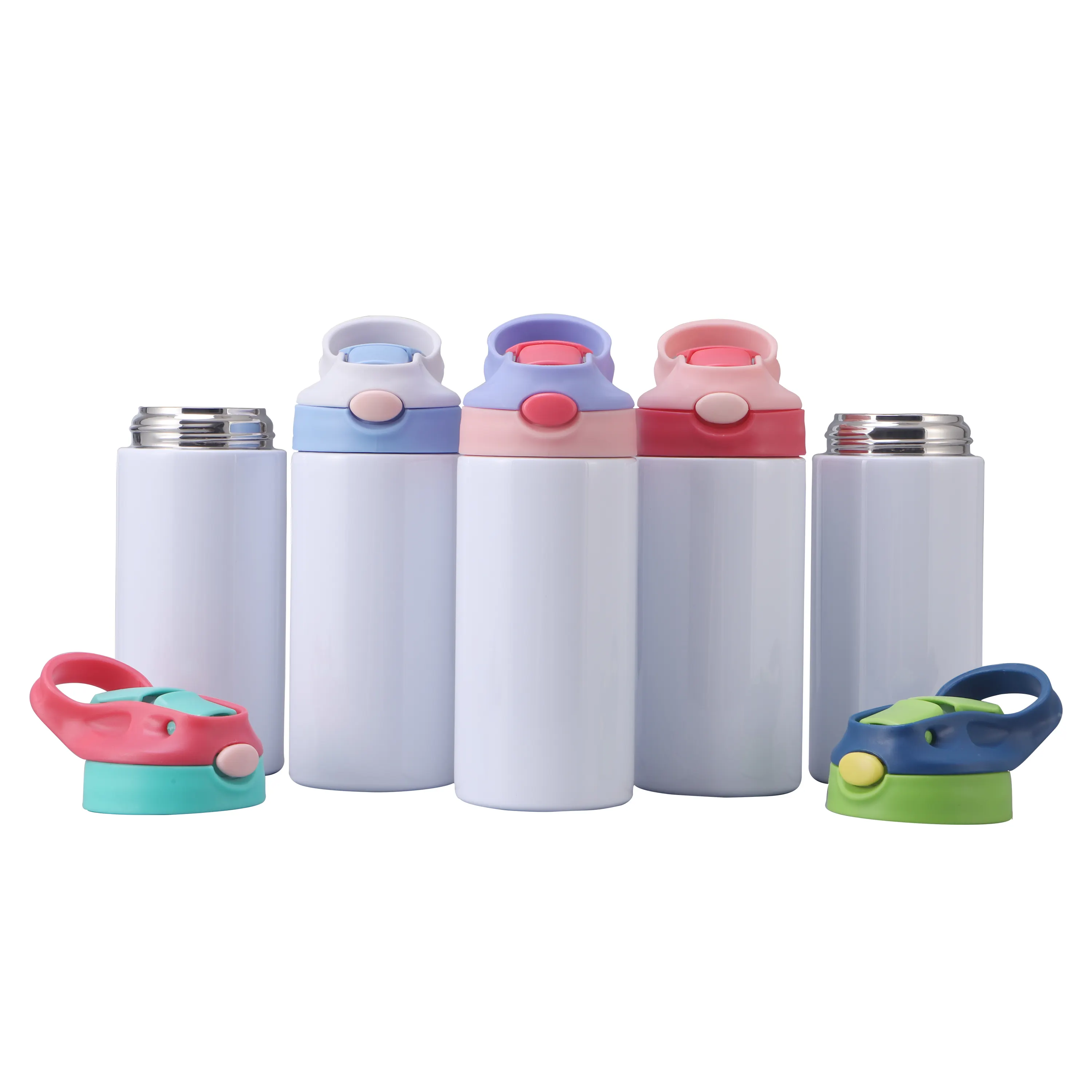 350Ml Stainless Steel Insulated Vacuum Straight White Sublimation Kids Flip Top Water Bottle Tumbler with Spout Straw Lid