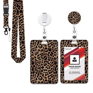 Brown leopard print ID badge <b>clip</b> with lanyard, retractable pull <b>buckle</b>, detachable polyester neck strap and phone strap. - Product Image 1