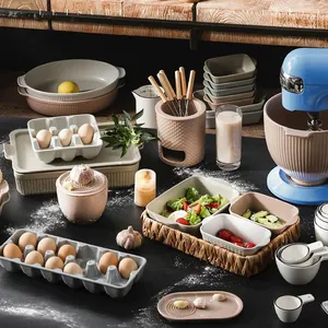 Conjunto de bandeja de cozimento de porcelana de grés fosco personalizado de fábrica, utensílios de cozinha, conjuntos de utensílios de mesa de cerâmica