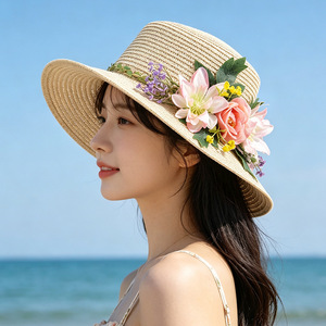 <span class=keywords><strong>Chapeau</strong></span> de paille bohème à grandes fleurs, style français à calotte plate, avec ruban floral rose, pour femme, idéal pour la plage, les vacances et les centres de villégiature de luxe, Sombrero - Product Image 2