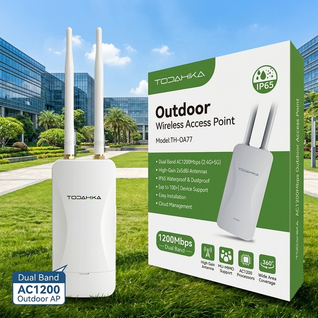 High-speed 1200Mbps Dual-band Outdoor AP. Features 360° Wide Signal, 128 Users Capacity, and 48V PoE for Stable Internet