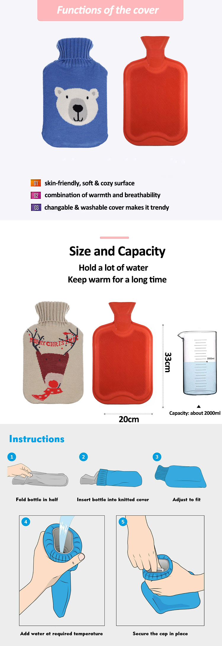 experienced hot water bag factory natural rubber hot water bottle cover custom