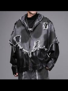 מעיל טלאים מעור ודנים בסגנון רחוב גבוה, עם קפוצ'ון, תפרים מקומטים, סגירת רוכסן, מראה דהוי בשמש, בסגנון פאנק. - Product Image 3