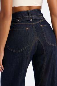 Jean taille haute pour femme, coupe large, avec fermeture boutonnée, empiècements contrastants, en denim, style vintage, dos ajusté, streetwear, vente en gros - Product Image 3
