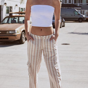 Vente <span class=keywords><strong>en</strong></span> gros <span class=keywords><strong>Pantalon</strong></span> cargo droit <span class=keywords><strong>taille</strong></span> <span class=keywords><strong>basse</strong></span> <span class=keywords><strong>en</strong></span> <span class=keywords><strong>lin</strong></span> à rayures de rue personnalisé pour femmes - Product Image 4