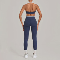 Nouvel ensemble de yoga style halterneck color-block en Spandex/Nylon transparent avec poches intégrées, résistant aux plis, pour activités de fitness en extérieur