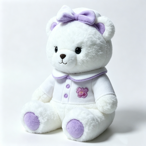 Customized Soft fuzzy teddy,White teddy <b>bear</b> plush with purple bow headband,White shirt with purple trim and <b>flower</b> embroidery - Product Image 1