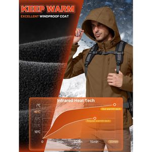 Men's Lightweight Softshell <b>Jacket</b> Brown Hooded Waterproof Winter Outdoor Hiking <b>Fleece</b> <b>Lined</b> Zip Fly - Product Image 2