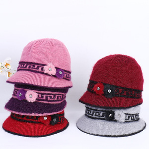 Women's Knitted Bowl <b>Hat</b> With Floral Decor Winter <b>Warm</b> Casual <b>Hat</b> For Elderly Women - Product Image 3