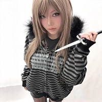 Sweat-shirt sport à capuche pour femme automne/hiver 2026 avec col en fourrure et coupe ample rayée, style gothique INS Emo