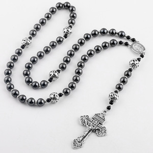 Collier de prière en hématite de 8 mm, chapelet de la Vierge Marie avec pendentif croix de Jésus, bijoux pour hommes - Product Image 5